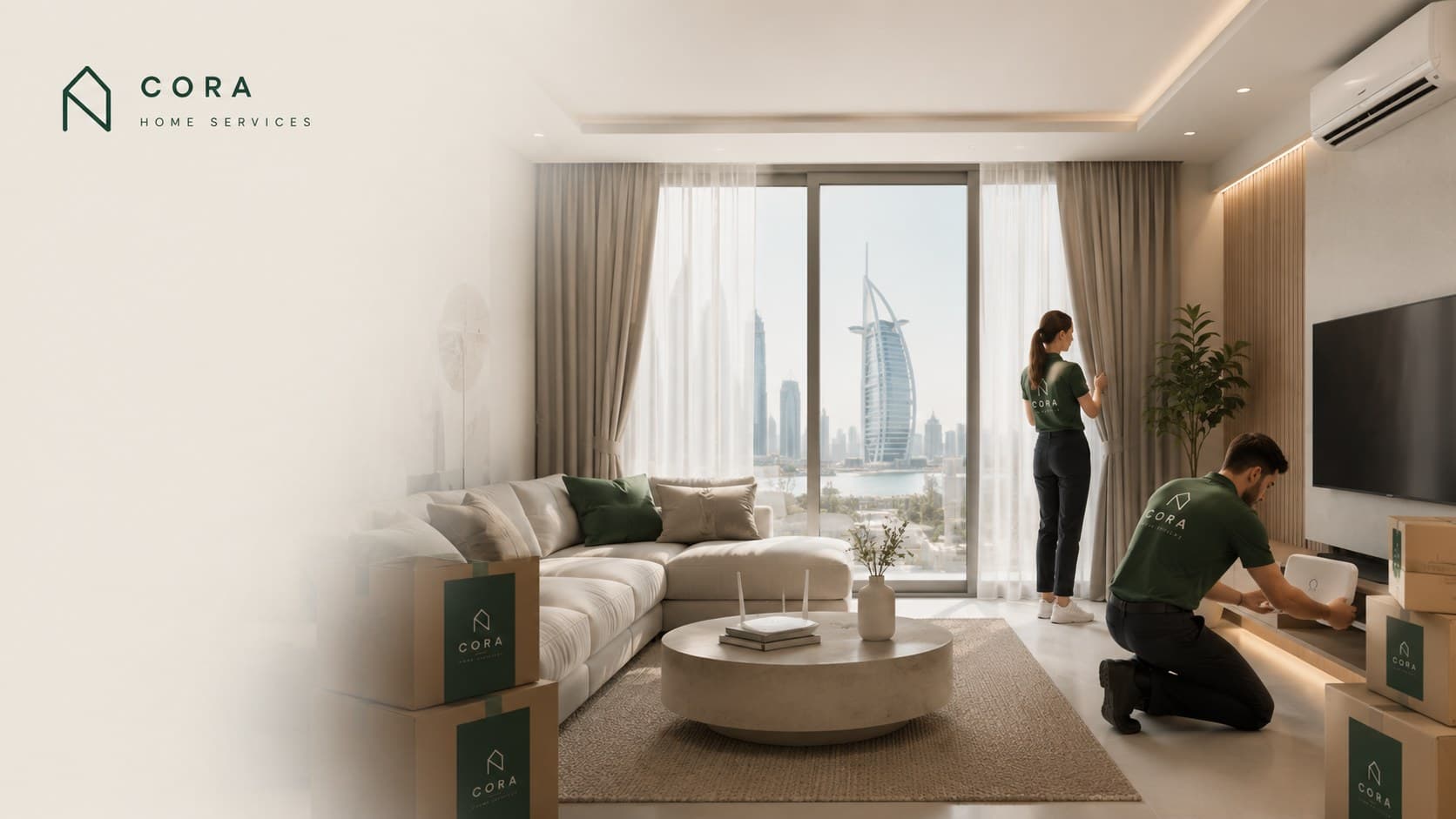 CORA Home Services team members setting up a Dubai apartment, with CORA-branded moving boxes and the Burj Al Arab in view
