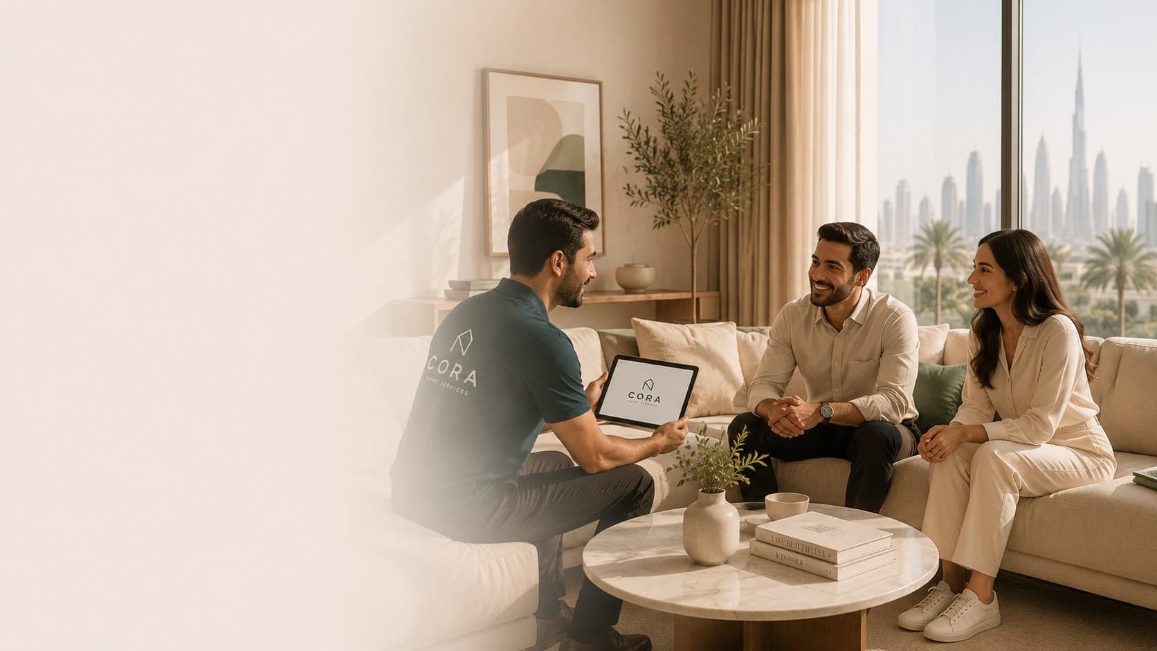 A CORA Home Services team member showing a couple the CORA app on a tablet in their Dubai apartment