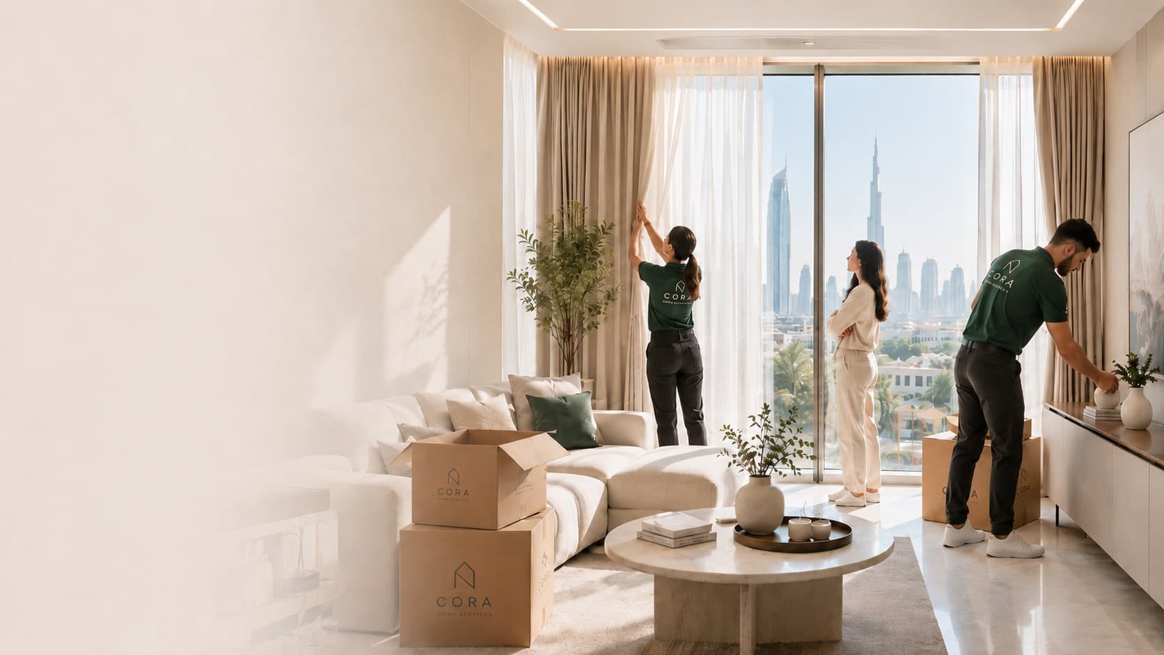 CORA Home Services team members unpacking moving boxes and hanging curtains in a Dubai apartment with the Burj Khalifa in view