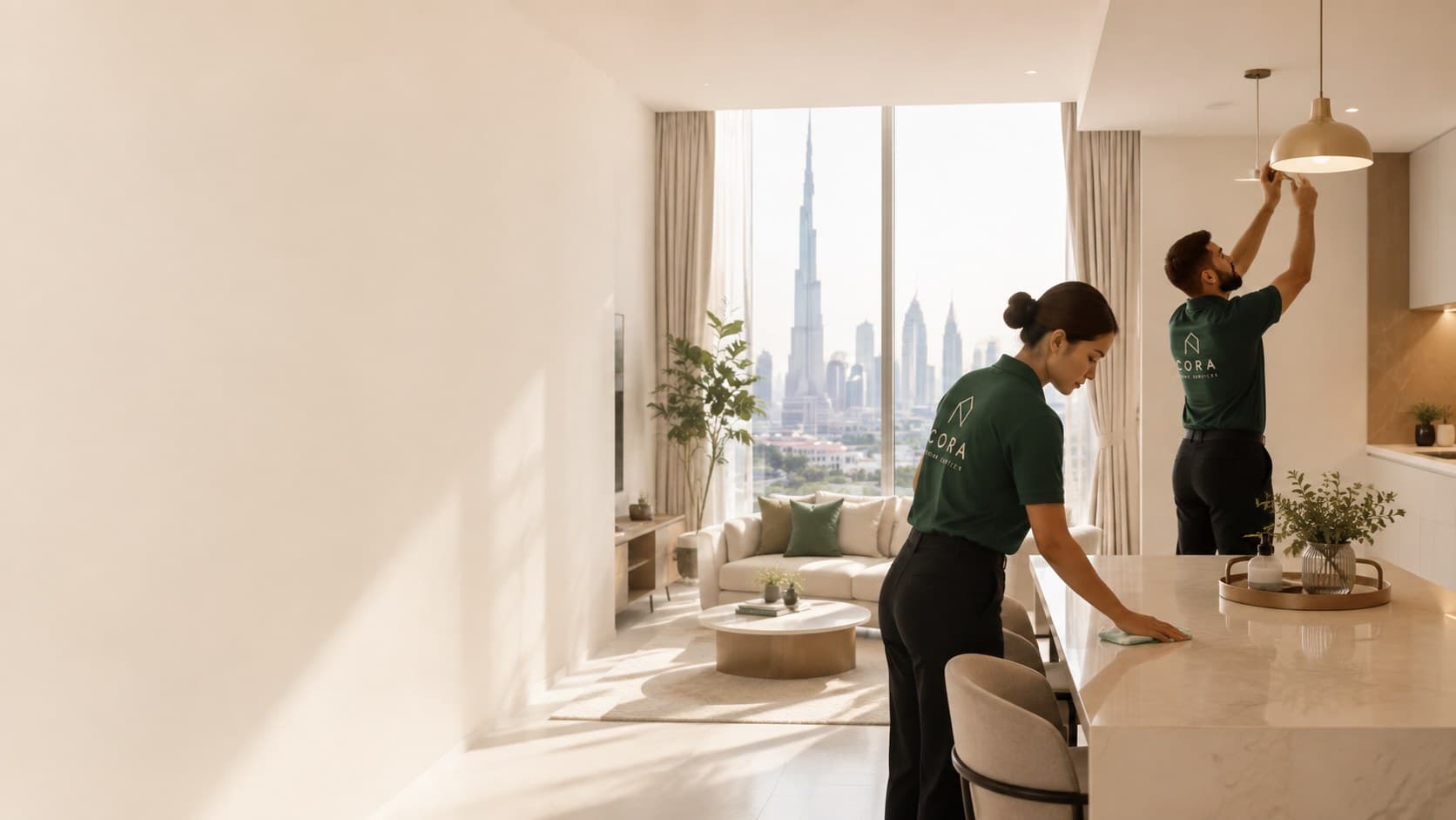 CORA Home Services team members cleaning and fitting a light in a Dubai apartment kitchen with the Burj Khalifa in view