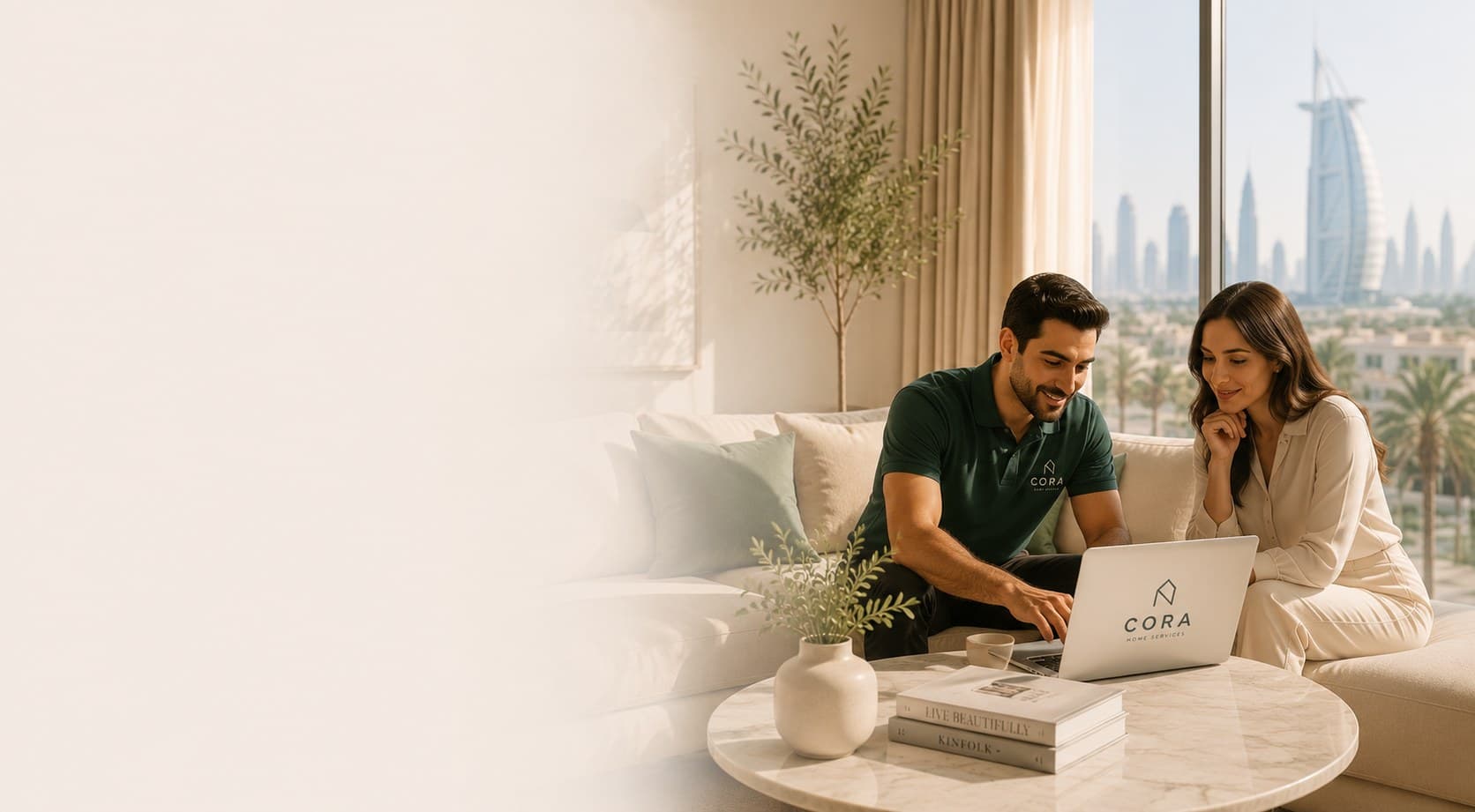 A CORA Home Services team member showing a homeowner the CORA website on a laptop in a Dubai apartment
