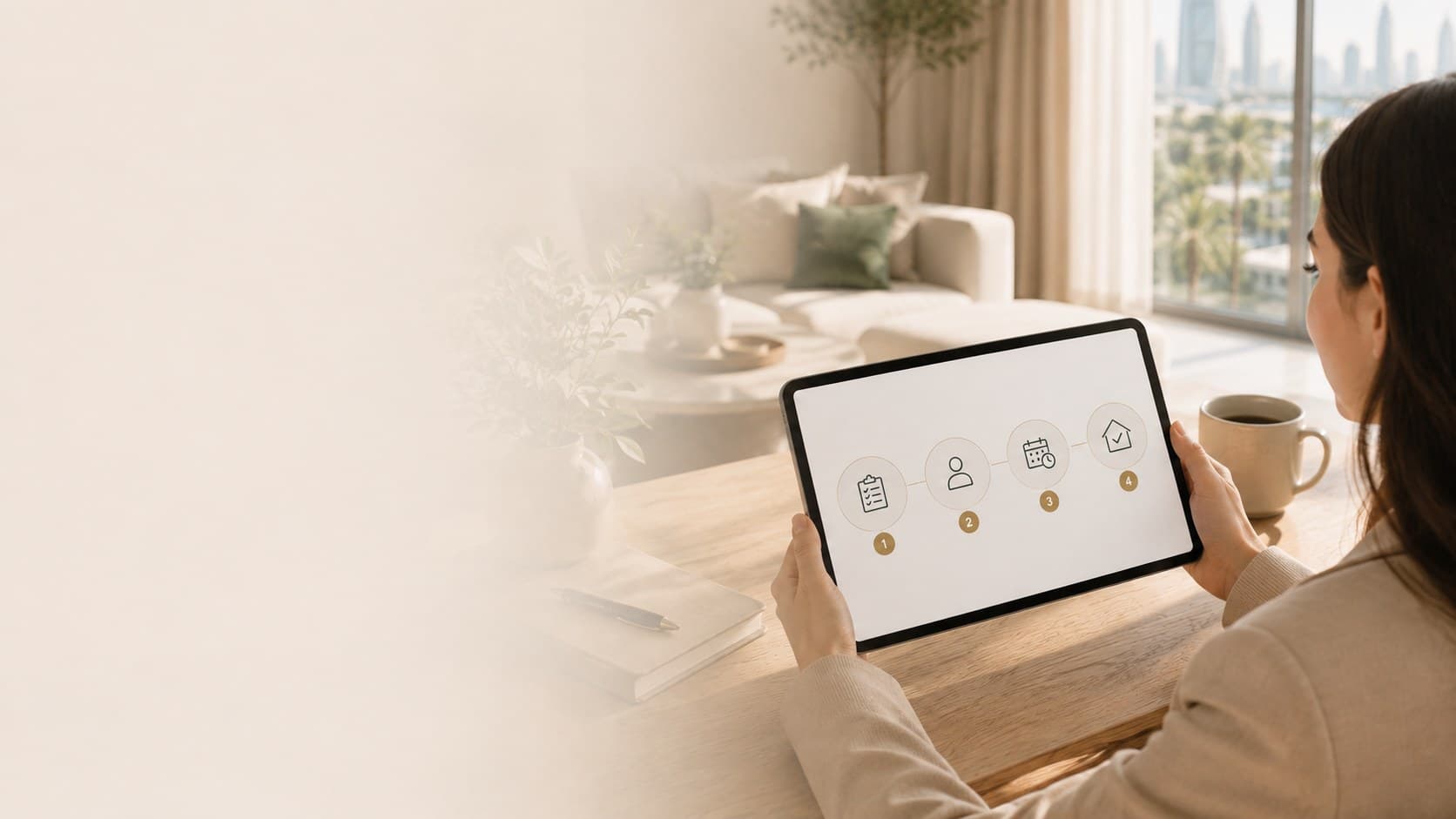 A woman reviewing the CORA four-step process on a tablet in her Dubai living room