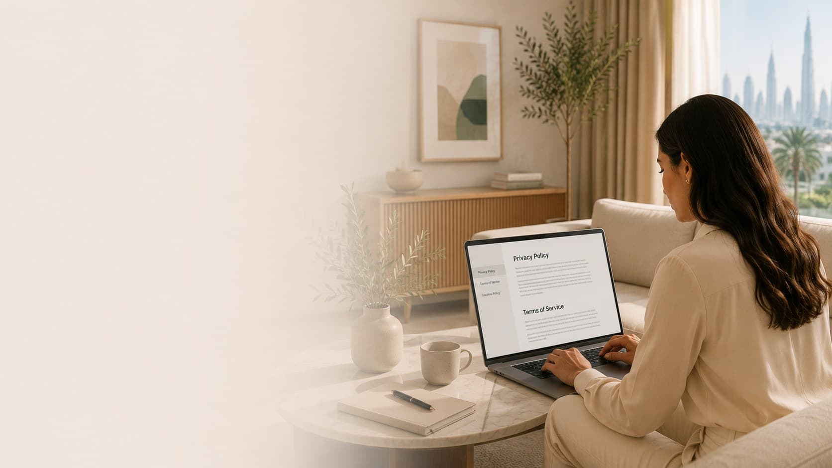 A woman reviewing the CORA Privacy Policy and Terms of Service on her laptop in a Dubai apartment