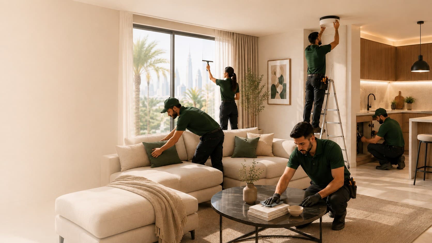 CORA Home Services team members cleaning, fitting a light, and doing plumbing work in a Dubai apartment
