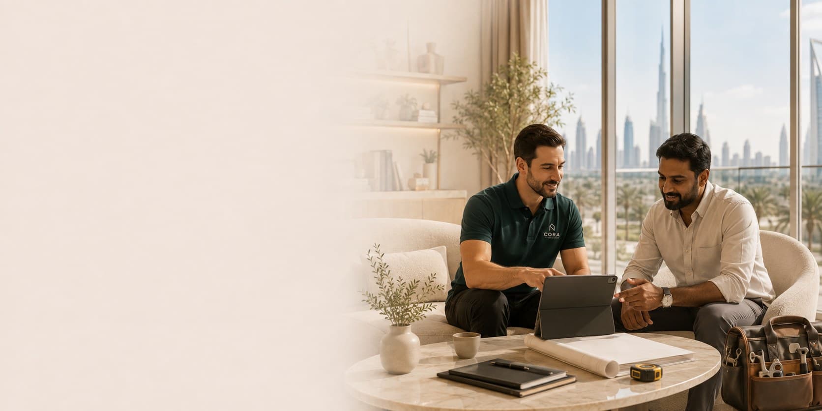 A CORA Home Services team member reviewing plans with a supplier on a tablet in a Dubai apartment