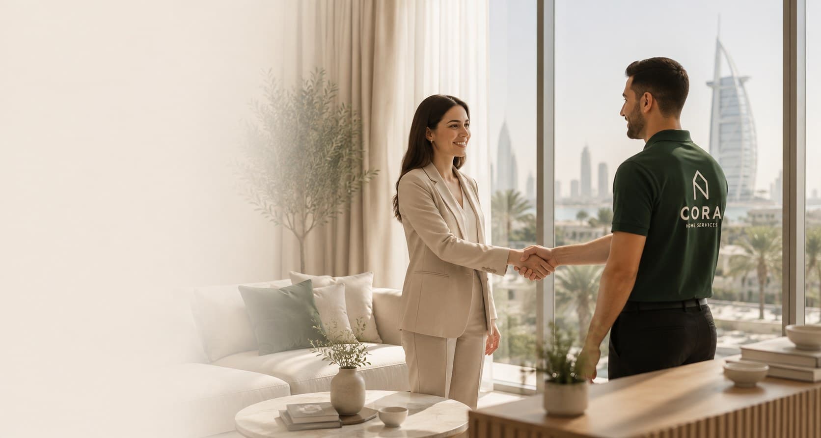 A CORA Home Services team member shaking hands with a homeowner in a Dubai apartment with the Burj Al Arab in view