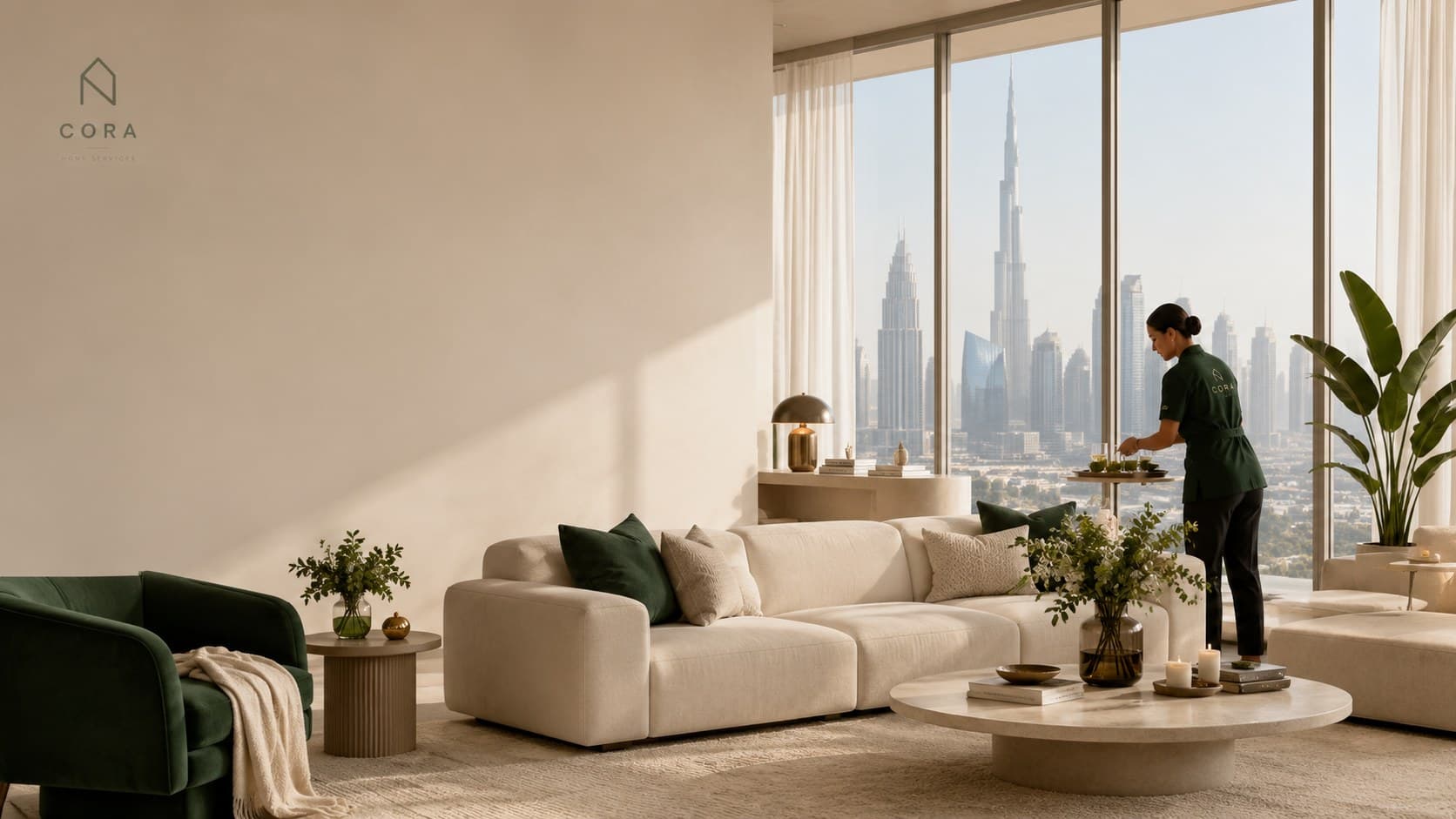 A CORA Home Services team member arranging a Dubai apartment with the Burj Khalifa in view